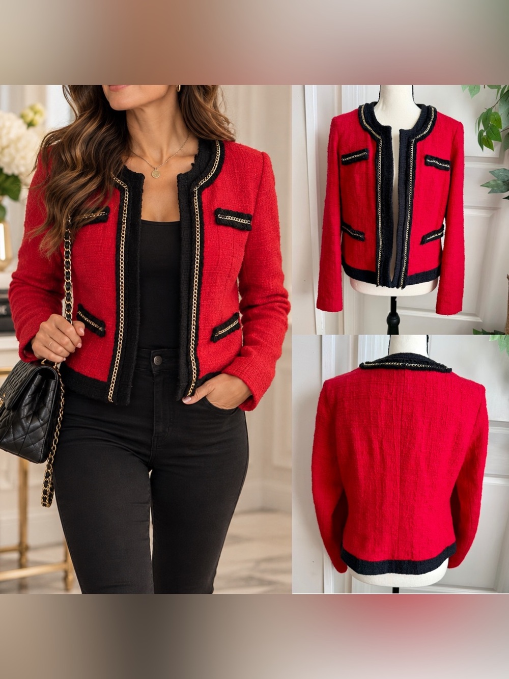 Chico’s Tweed Gold Chain Trim Jacket Blazer Red Sz 1 M